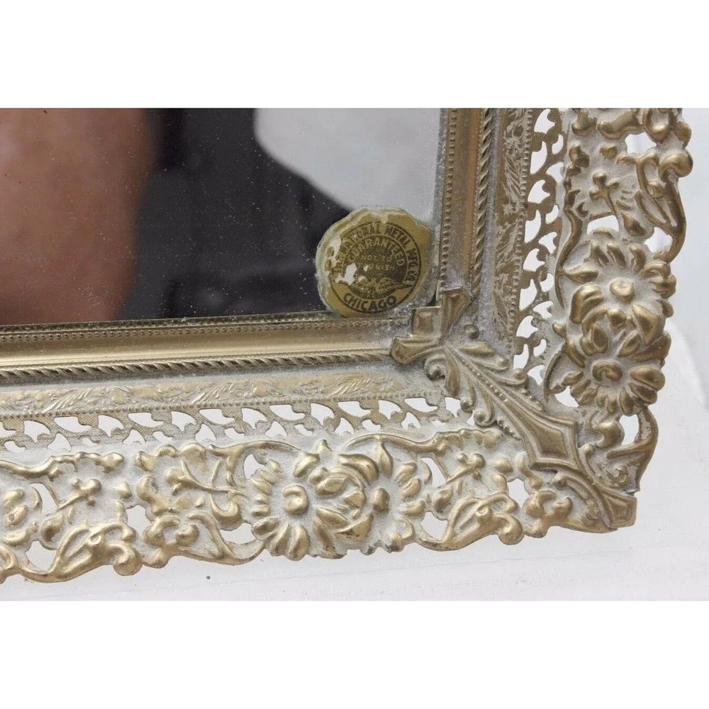 Whitewash Brass Filigree Flower Edge Tray Or Hanging Mirror Vintage
